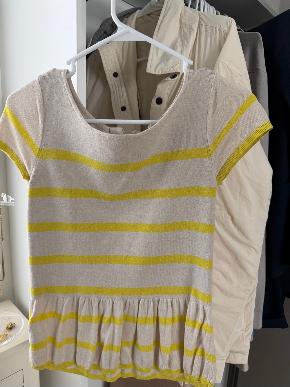 LOFT Cream Knit Top with Yellow Stripes and Peplum Hem
